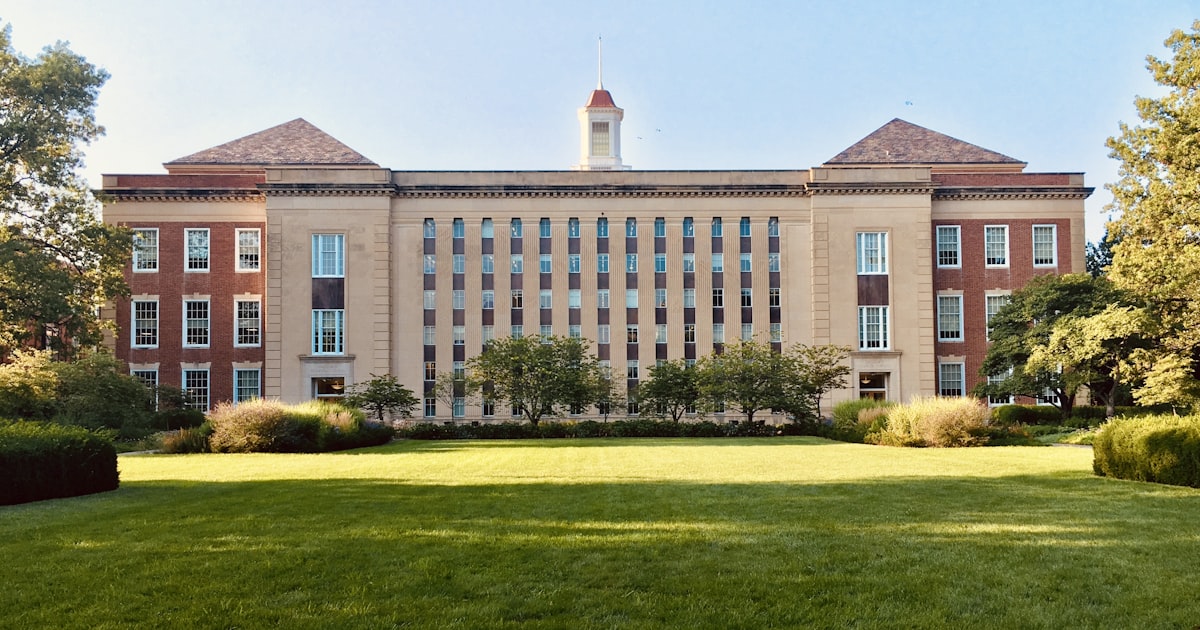 University campus with students walking